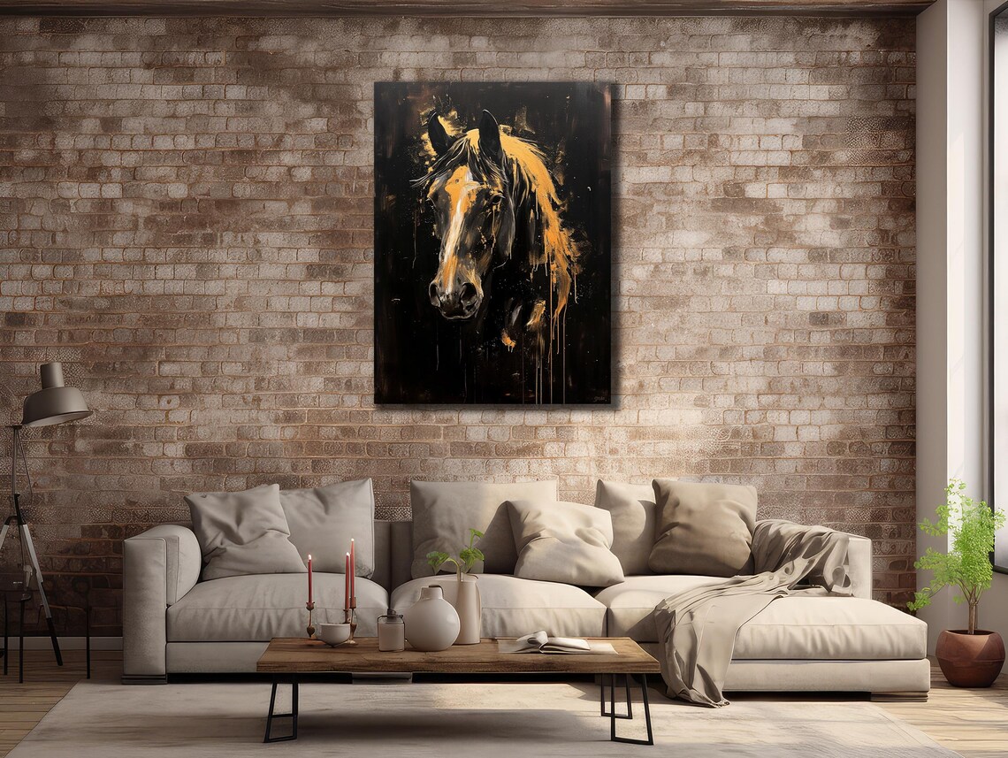 Black Horse Head Portrait Golden Mane Dark Dramatic Equine Poster - Image 2