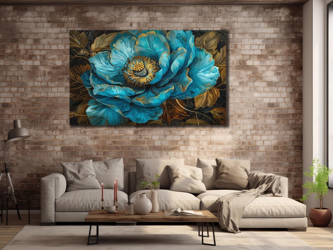 Blue Peony Flower Golden Detail Dark Botanical Floral Art Poster - Image 3