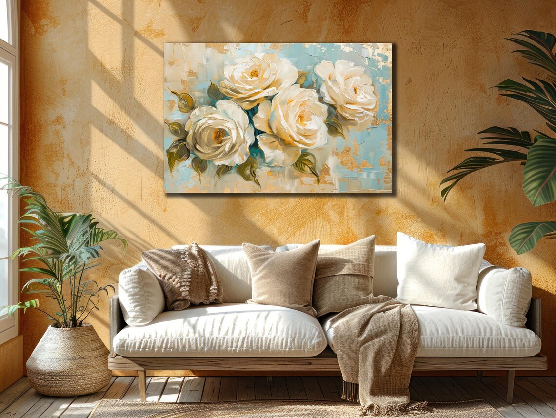 Elegant White Roses Oil Painting Soft Blue Background Floral Poster - Image 2