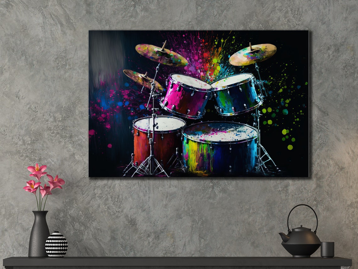 Neon Painted Drum Kit Dark Stage Music Instrument Wall Art Poster