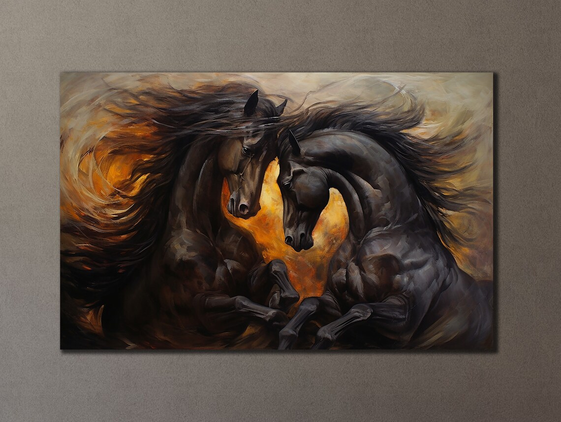 Two Black Horses Rearing Fiery Sunset Wild Equine Wall Art Print
