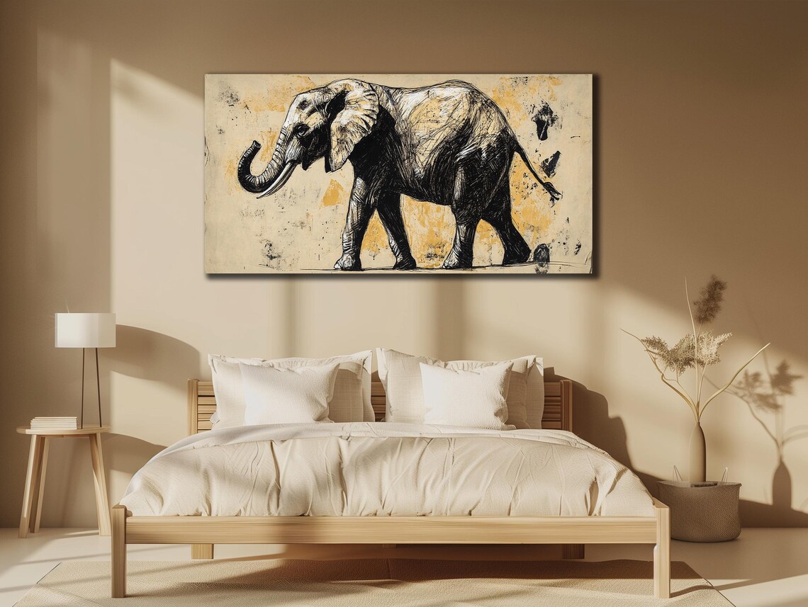 African Elephant Sketch Ink Drawing Gold Splatter Safari Animal Wall Art Poster - Image 3