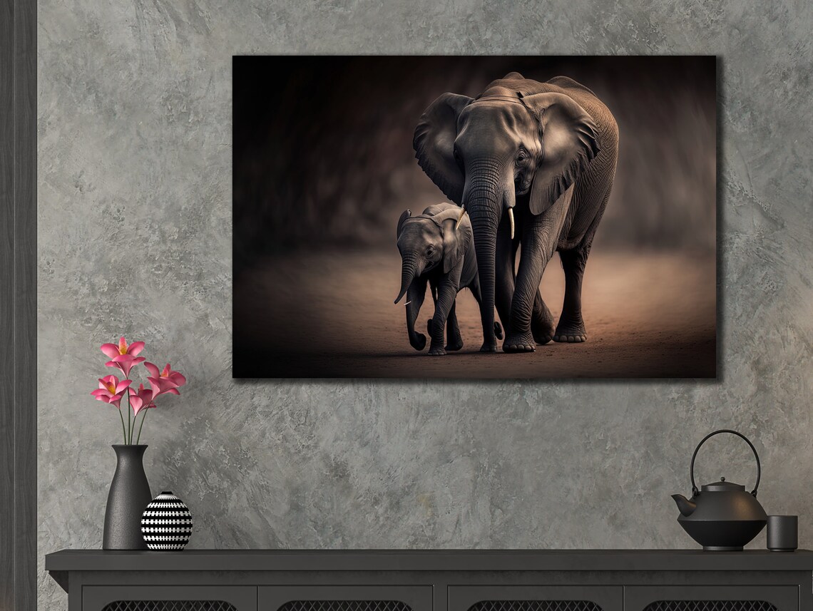 Mother Elephant Baby Calf Walking Together Wildlife Art Wall Poster - Image 3
