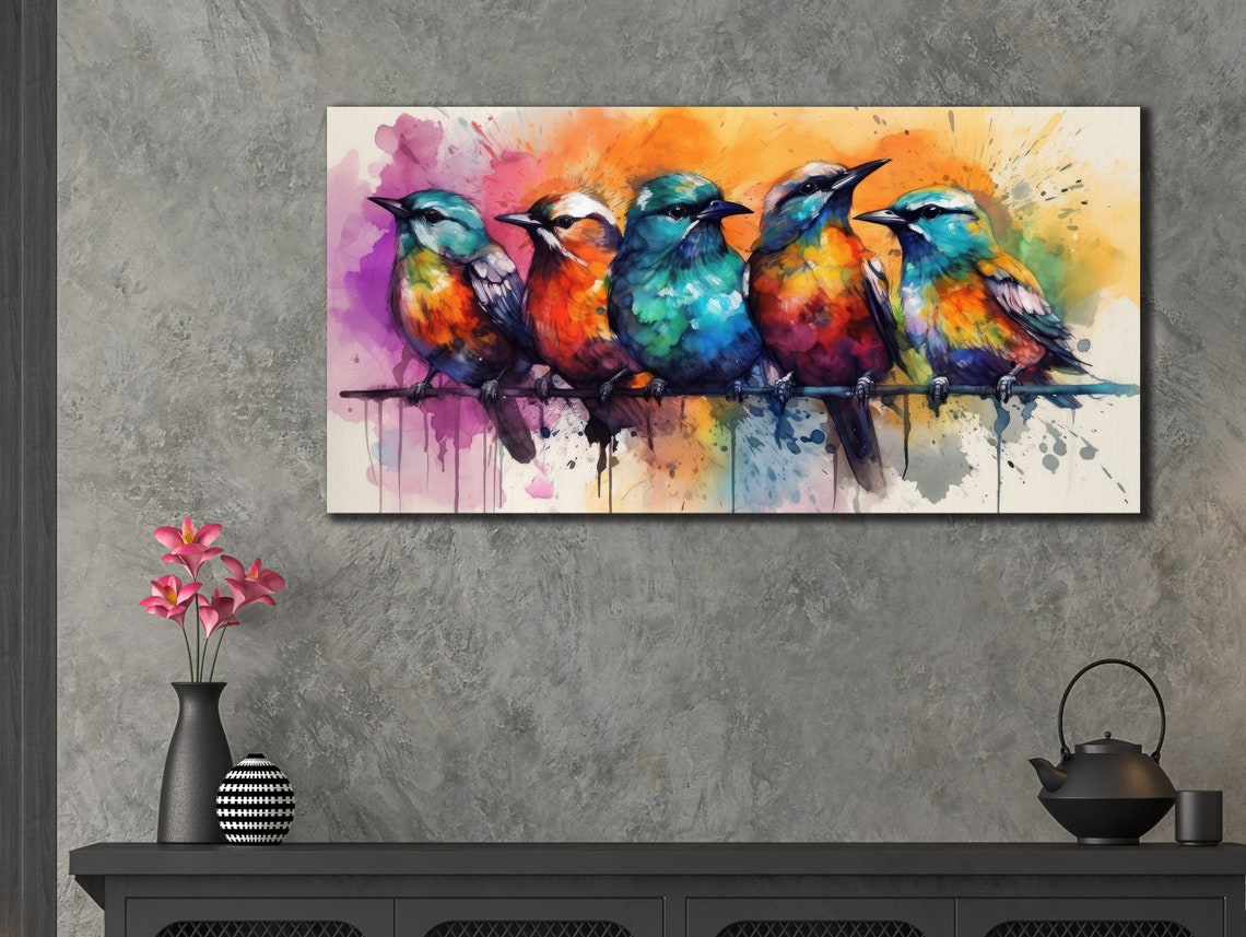 Five Colorful Songbirds on Wire Watercolor Splash Bird Art Print - Image 3