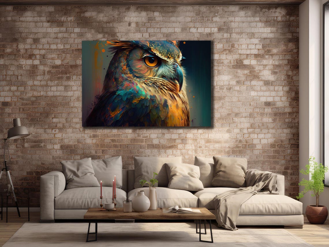 Colorful Owl Portrait Teal Orange Feathers Amber Eye Art Poster - Image 3