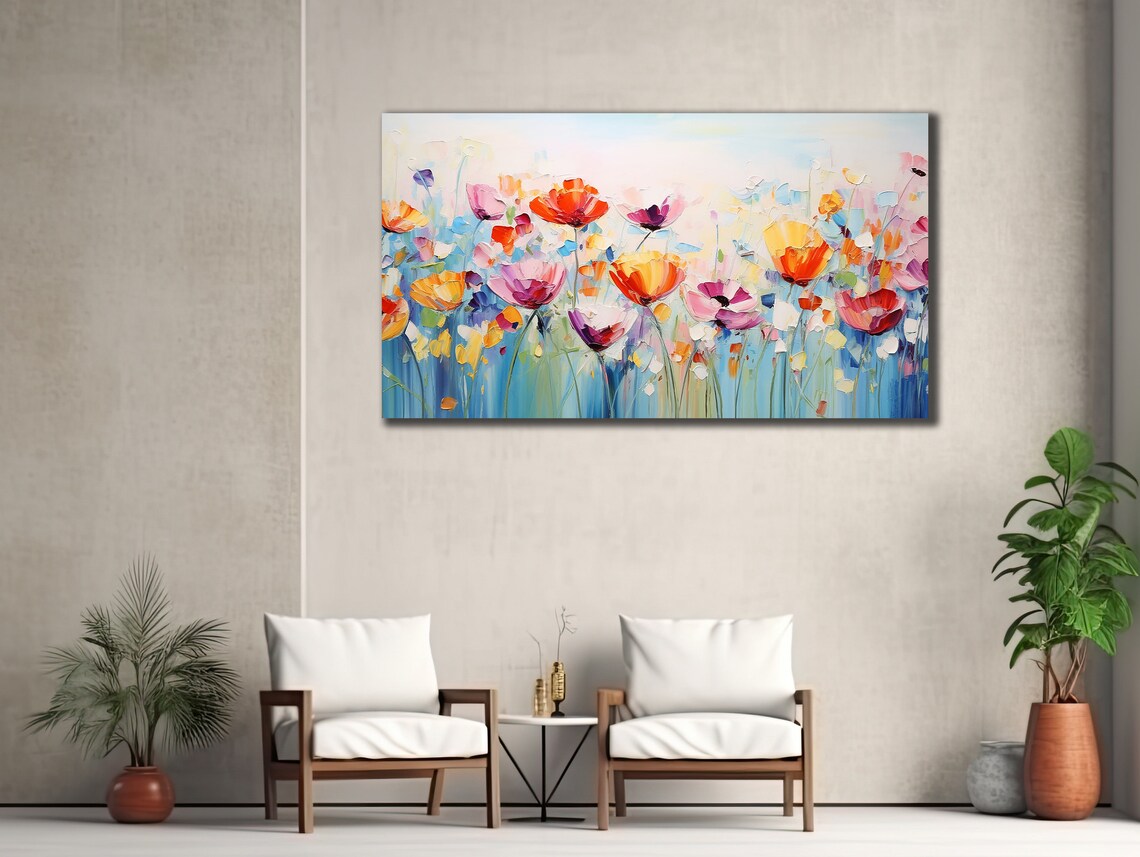 Wildflower Meadow Poppies Soft Blue Pastel Floral Oil Painting Print - Image 3