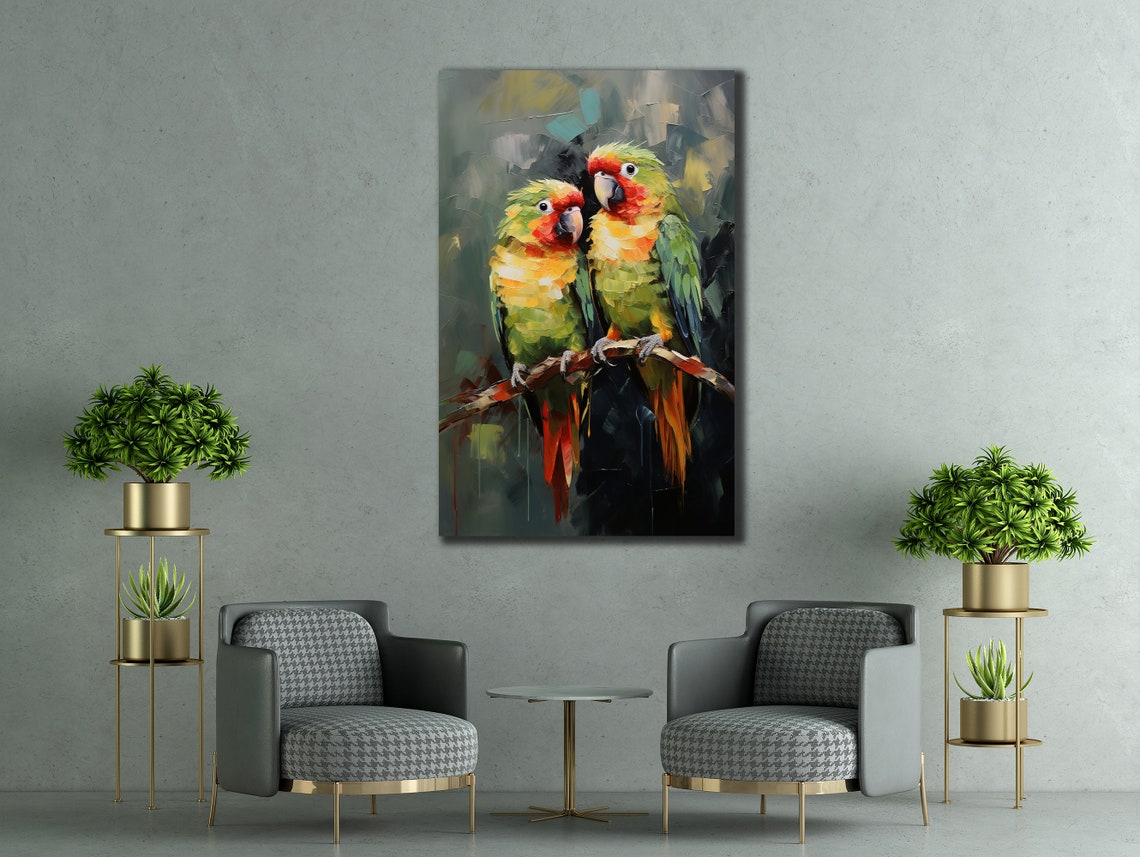 Two Colorful Parrots Branch Vivid Tropical Bird Wall Art Print