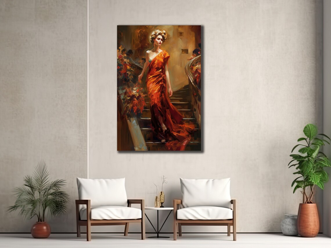 Woman In Orange Evening Gown On Grand Staircase Painting Poster - Image 3