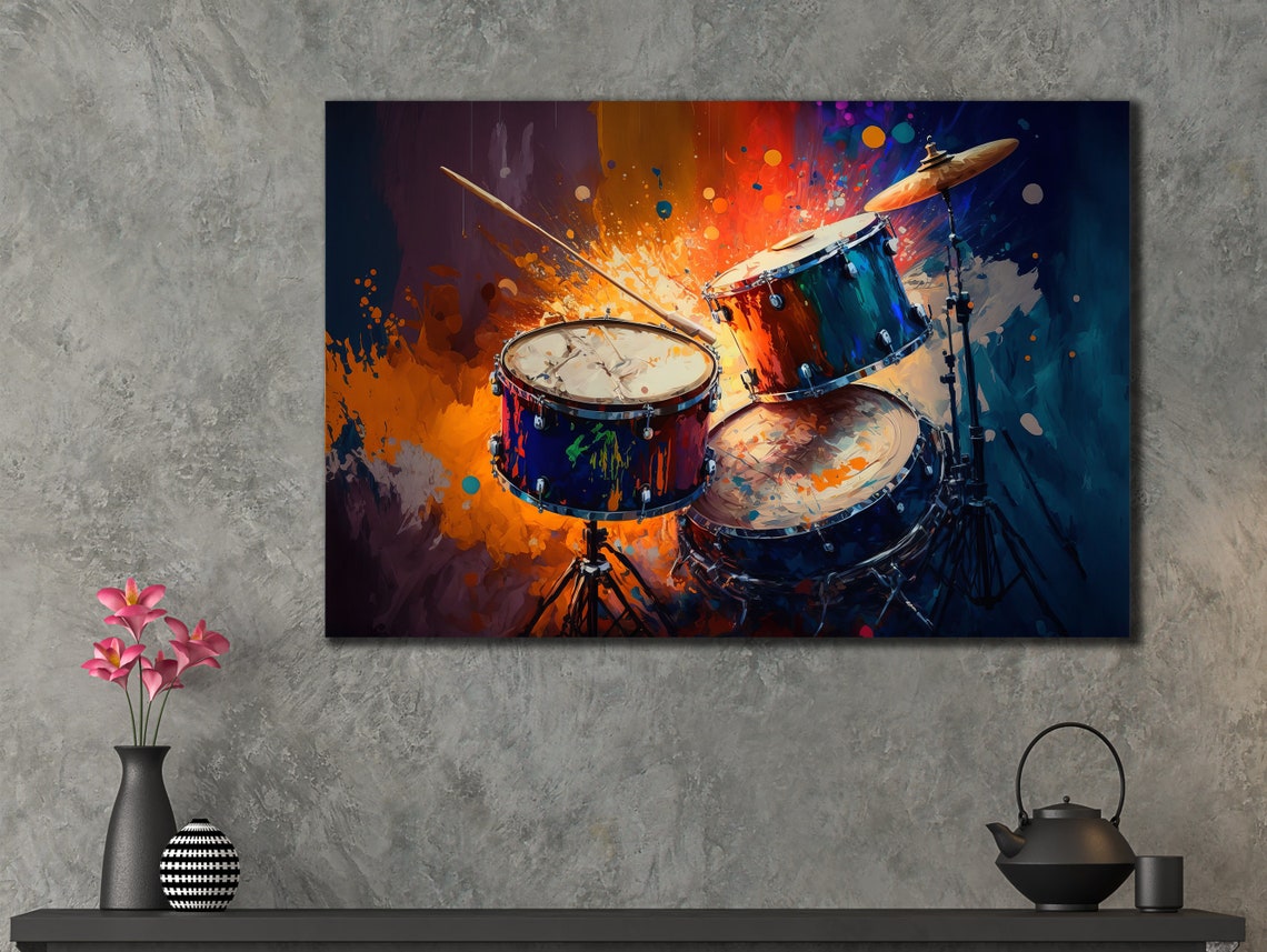 Watercolor Drum Set Vibrant Orange Splash Music Wall Art Poster - Image 2
