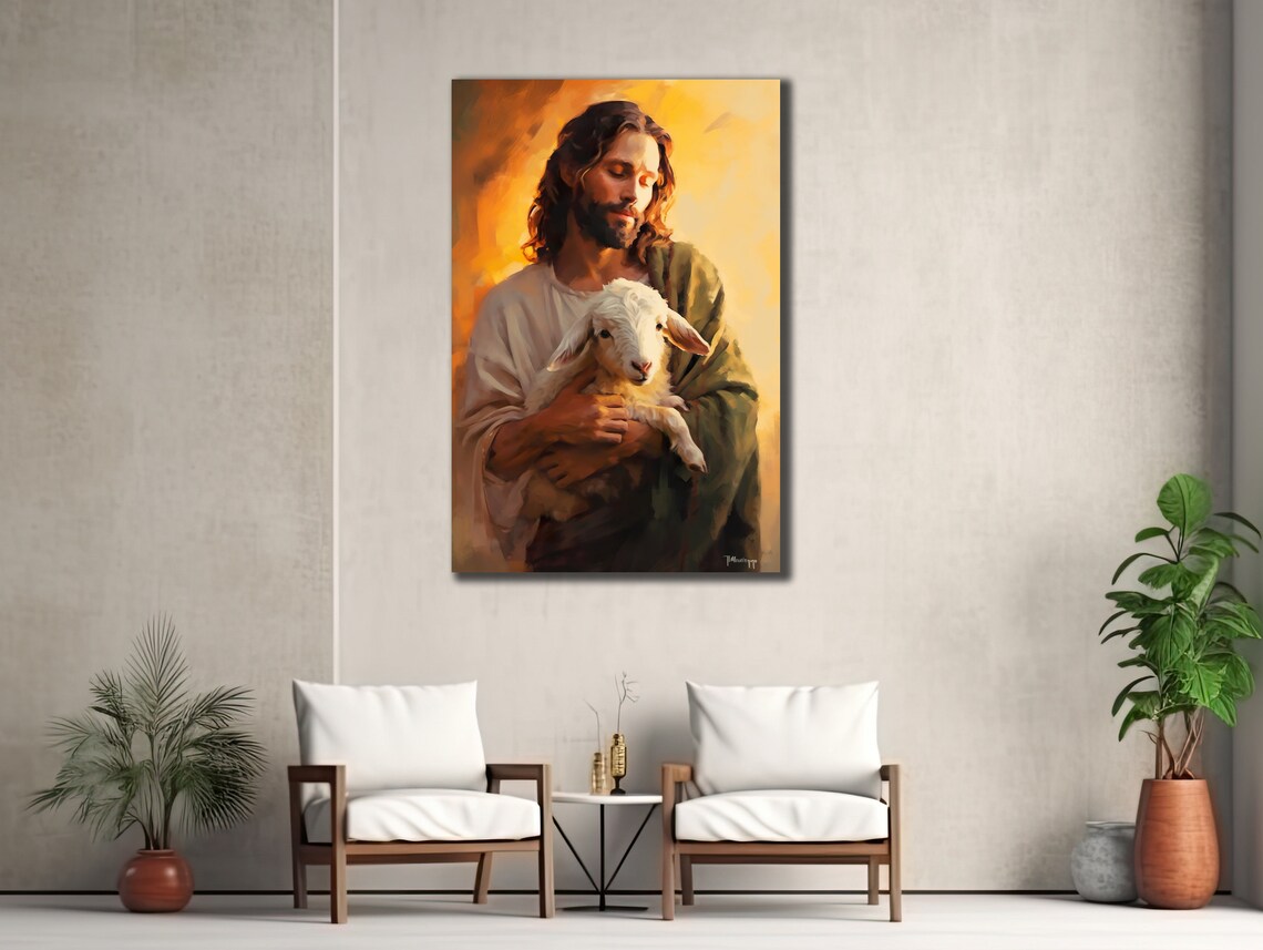 Jesus Shepherd with Lamb Golden Glow Painterly Christian Wall Art Poster