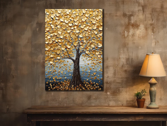 Tree Painting On Gold Tree Wall Art Nature Wall Decor Gold Blooming Trees Poster Gold Luxury Bedroom Decor Livingroom Wall Decor