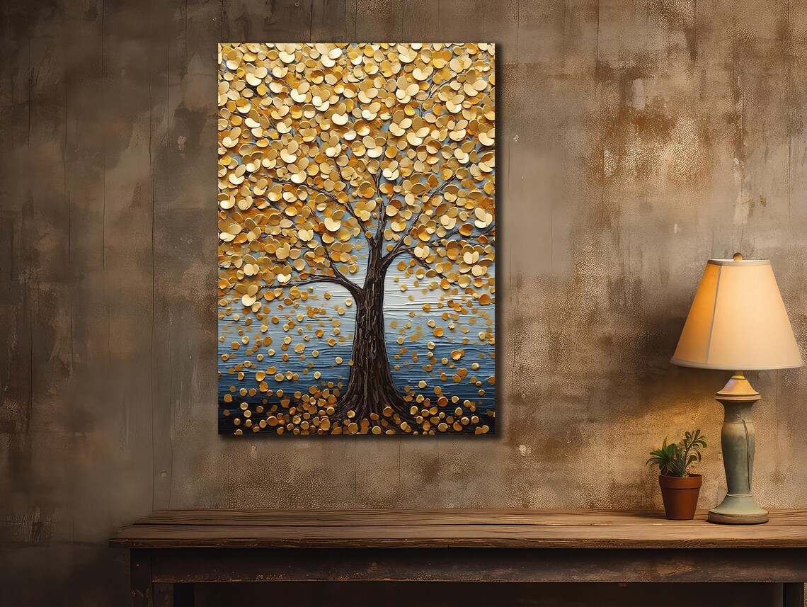 Golden Tree Falling Coins Leaves Blue Textured Oil Painting Poster