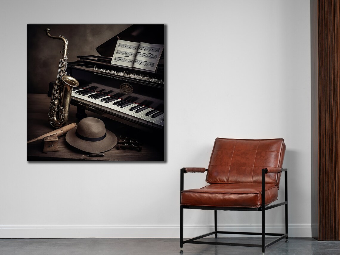 Vintage Jazz Saxophone Piano Still Life Sepia Music Decor Wall Art Print - Image 2