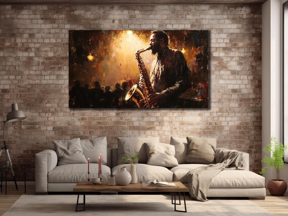 Jazz Saxophone Player Dark Club Golden Light Music Painting Poster