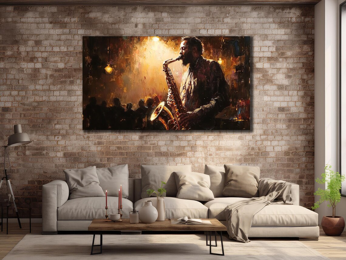 Jazz Saxophone Player Dark Club Golden Light Music Painting Poster