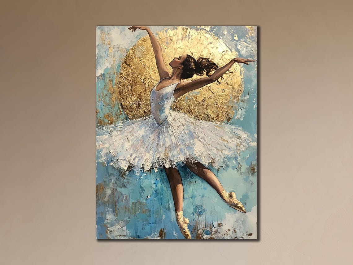 Ballerina White Tutu Dancing Golden Sun Blue Abstract Art Poster