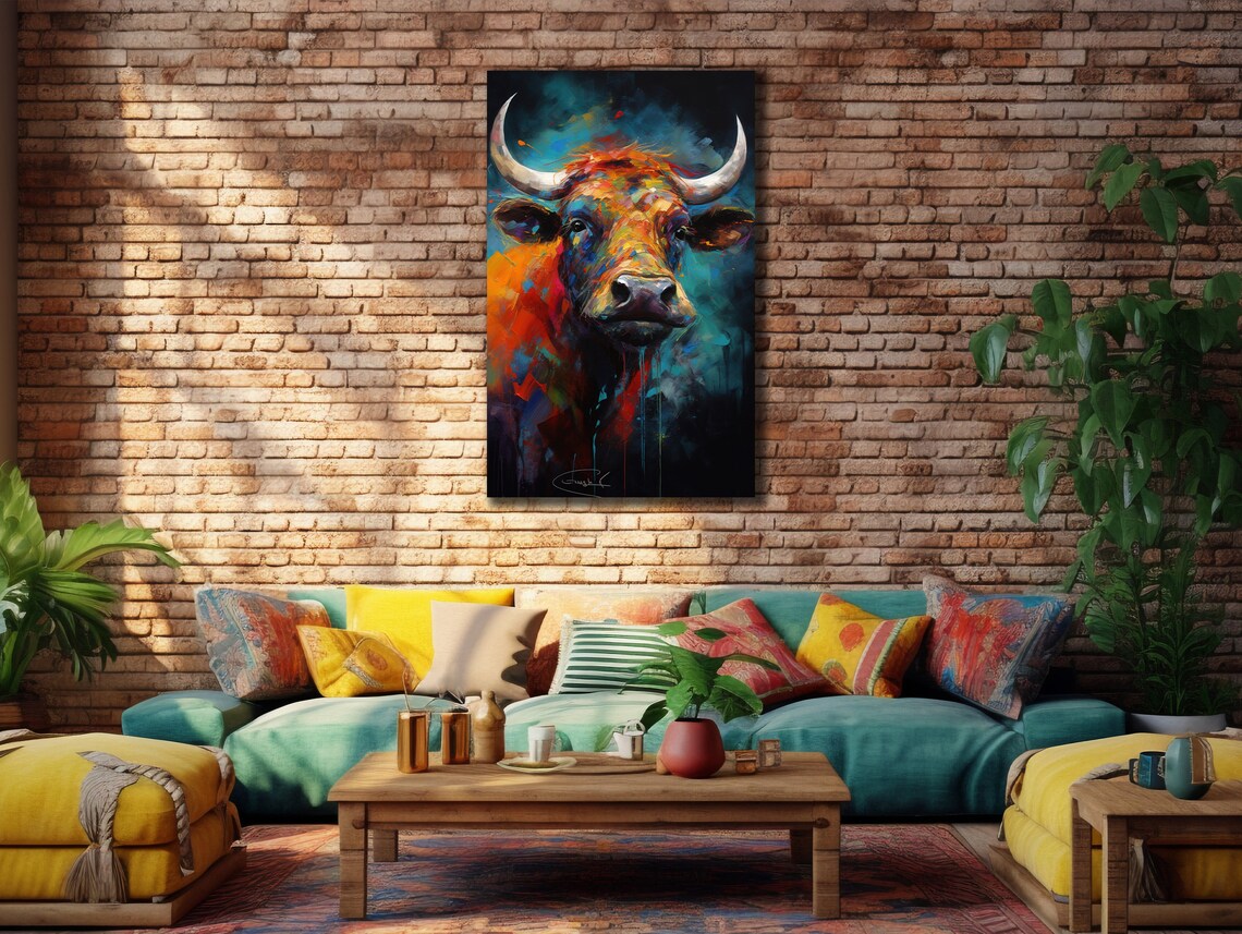 Colorful Bull Head Portrait Orange Blue Abstract Animal Art Poster - Image 3