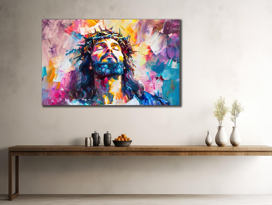 Jesus Crown Of Thorns Colorful Abstract Faith Painting Art Poster - Image 2