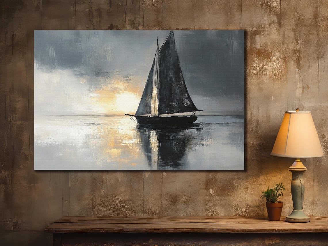 Moody Sailboat Silhouette Under Stormy Gray Sky With Sunbeam Art Print - Image 2