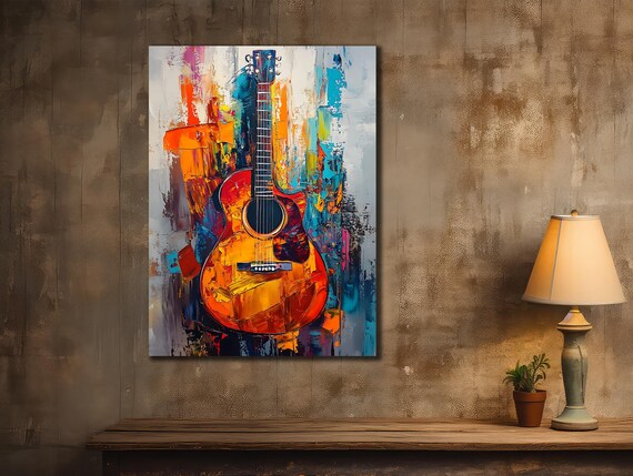 Acoustic Guitar Colorful Abstract Background Impasto Music Instrument Wall Poster
