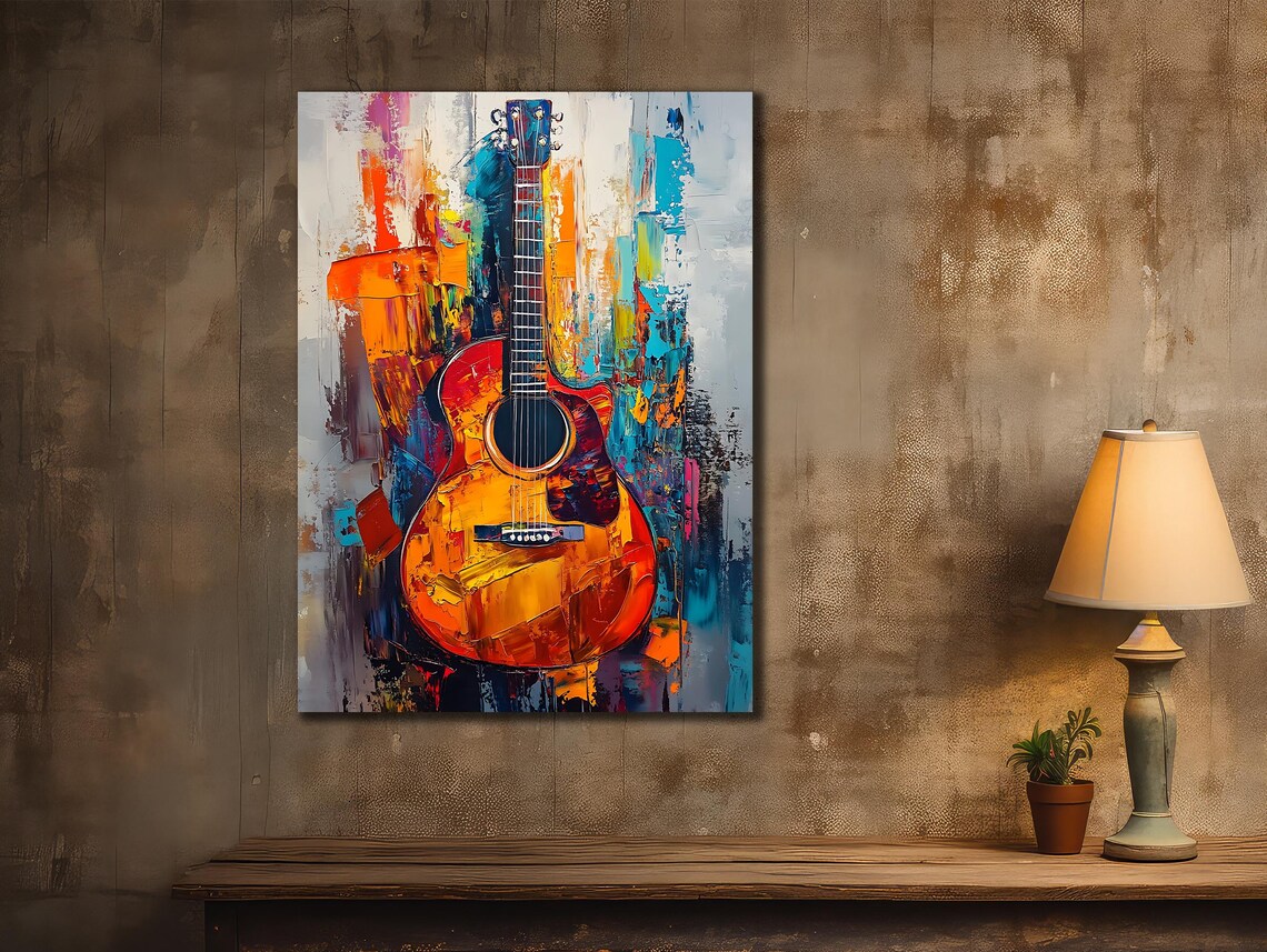 Acoustic Guitar Colorful Abstract Background Impasto Music Instrument Wall Poster