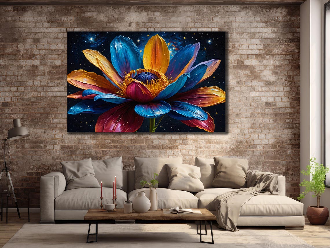 Rainbow Flower Explosion Starry Night Botanical Wall Art Poster