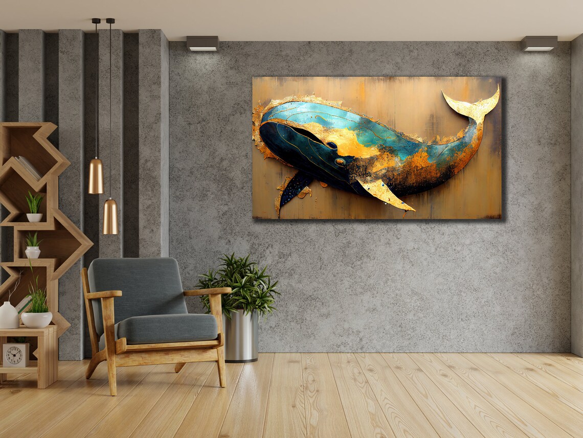 Whale Prints 3d Gold Whale Painting Art Wall Hanging House Gift Ideas Bedroom Wall Decor Animal Wall Art Blue Sea Poster - Image 2