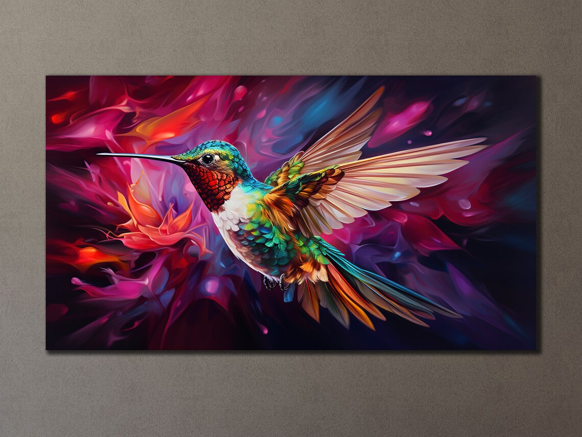 Colorful Hummingbird In Flight Swirling Magenta Vivid Bird Wall Print - Image 3