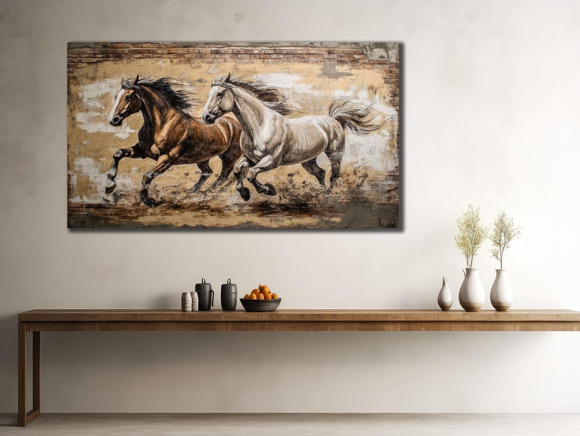 Brown and White Horses Running Wild Painterly Horse Art Poster - Image 2