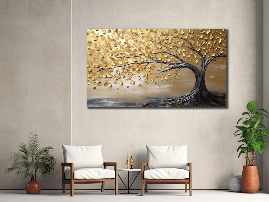 Golden Tree Dark Branches Gold Leaves Textured Nature Wall Art Poster - Image 3