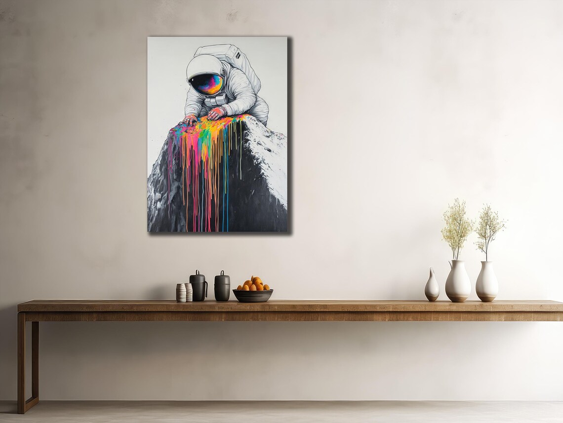 Astronaut Pouring Rainbow Paint Space Graffiti Playful Cosmic Wall Poster - Image 2