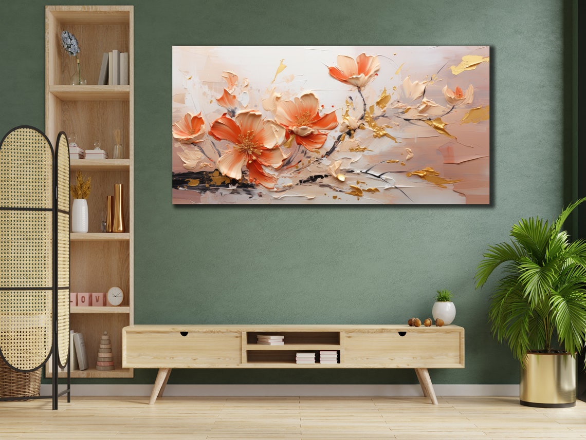 Coral Blossom Gold Leaf Textured Abstract Floral Wall Art Print - Image 3
