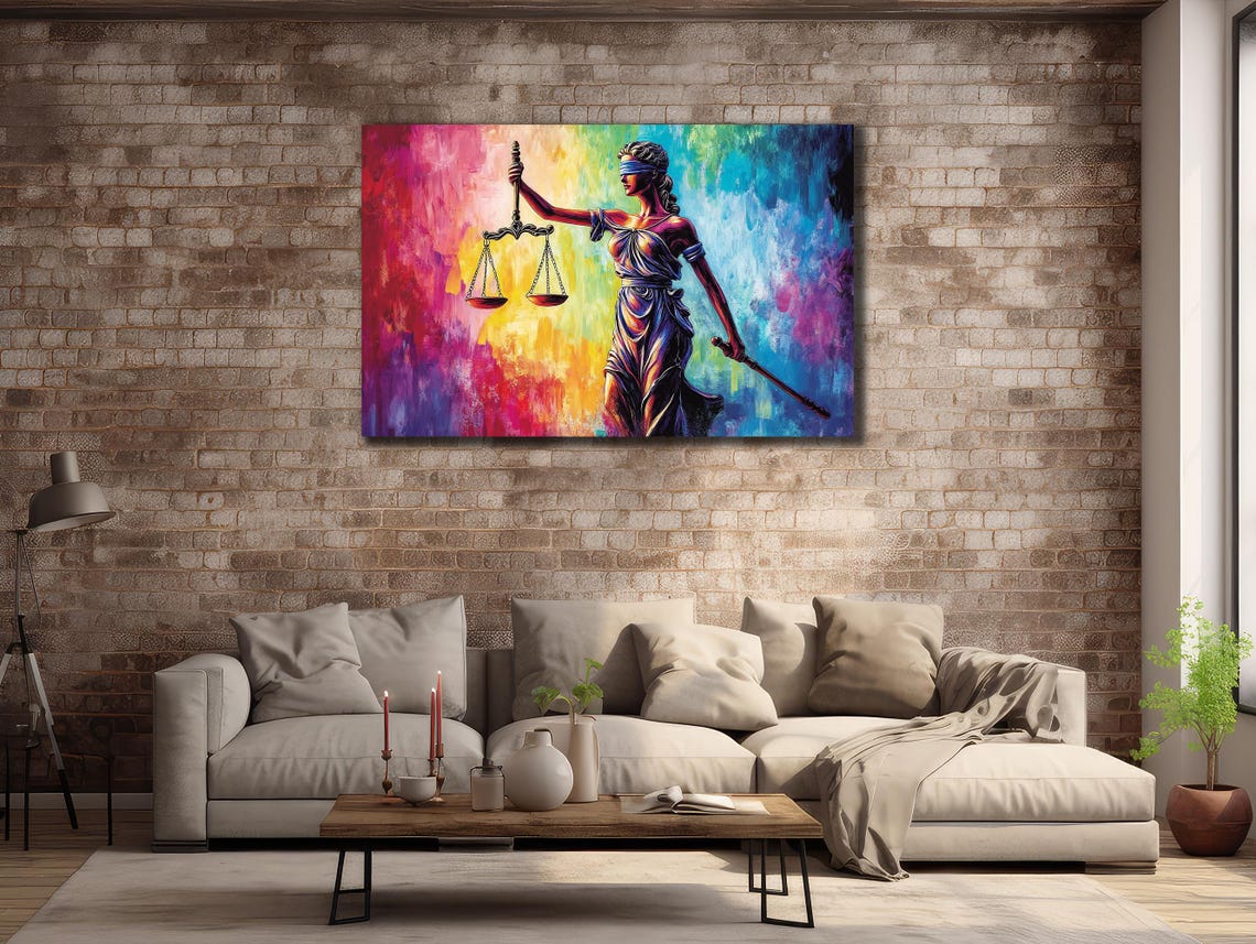 Blindfolded Lady Justice Statue Scales Rainbow Abstract Lawyer Poster - Image 2