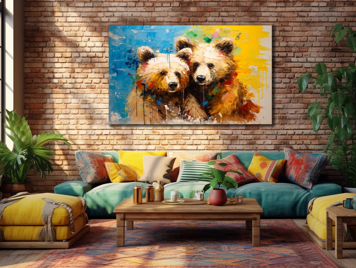 Two Cute Bear Cubs Painting on Bright Blue Yellow Background Poster