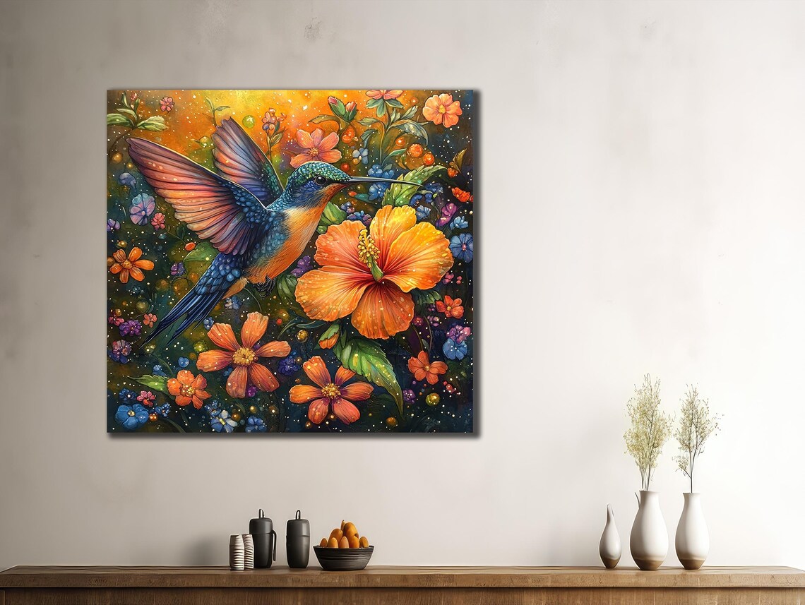 Blue Hummingbird With Orange Hibiscus Flowers Tropical Garden Print - Image 3