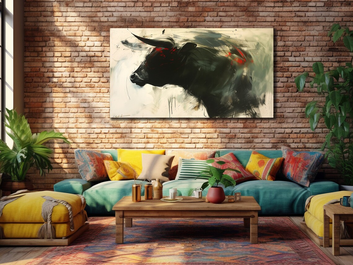 Black Bull Portrait Red Accent Brushstrokes Modern Farmhouse Wall Art - Image 2