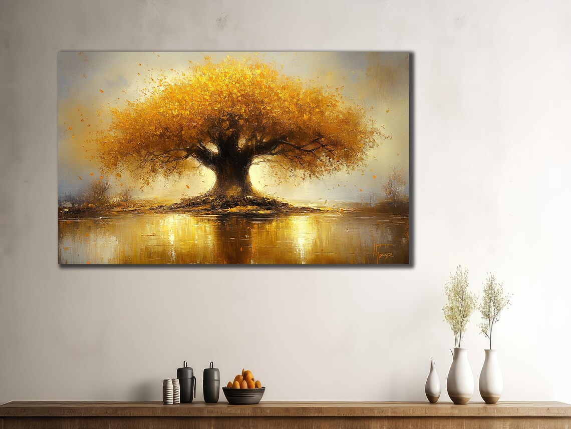 Golden Tree by the Lake Autumn Sunset Reflection Oil Painting Poster - Image 2