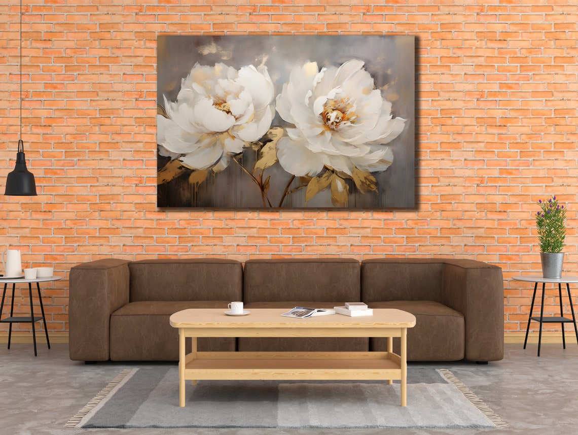 White Peonies Gold Leaves Grey Background Elegant Floral Art Poster - Image 2