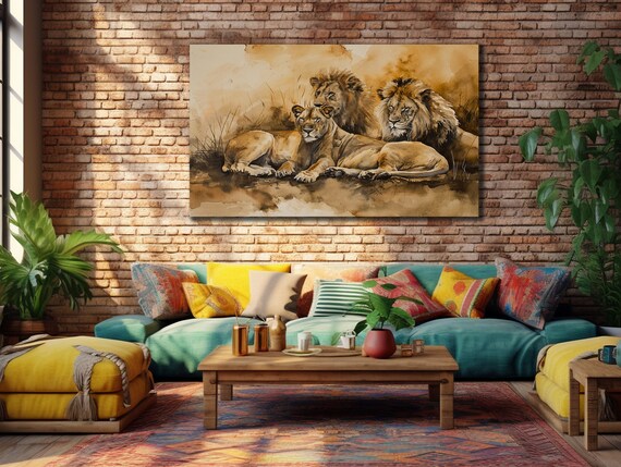 Lion Family Watercolor Savanna Wildlife Painting Golden Tones Wall Art Poster