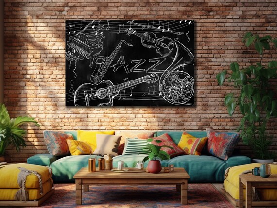 Jazz Instruments Chalkboard Sketch Black White Vintage Music Wall Print