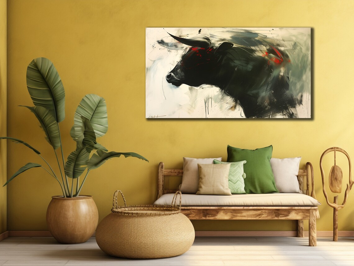 Black Bull Portrait Red Accent Brushstrokes Modern Farmhouse Wall Art