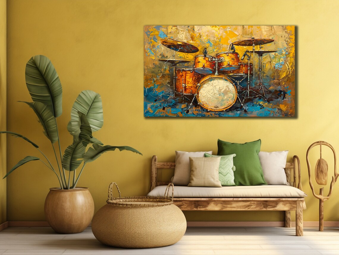 Orange Gold Drum Set Abstract Painting Modern Music Studio Wall Art Poster - Image 2