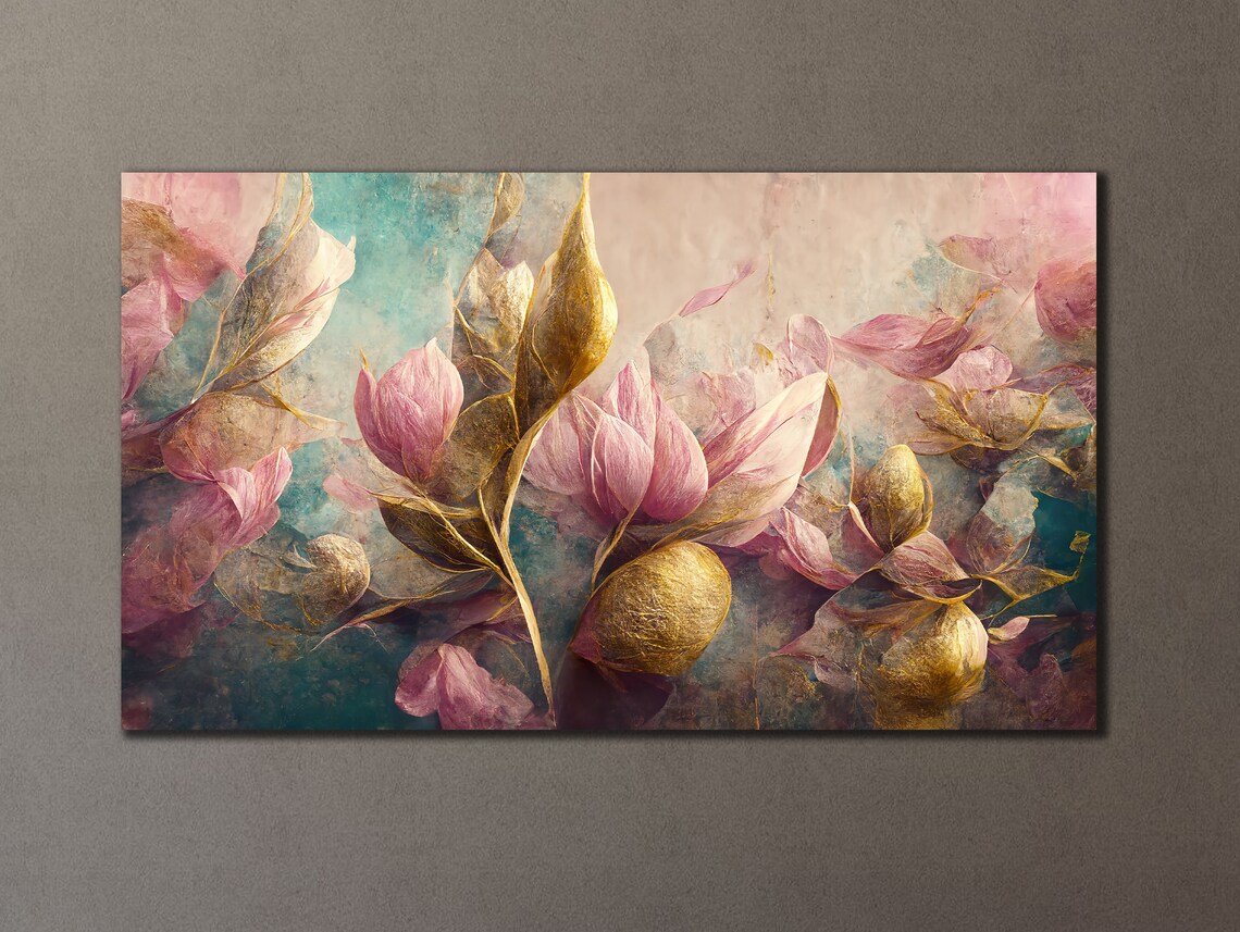 Pink Magnolia Blossoms Gold Leaves Luxe Floral Wall Art Poster