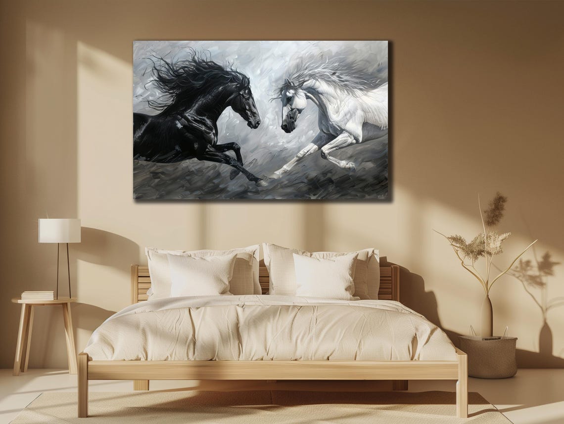 Black and White Horses Galloping Misty Grey Stallions Running Print