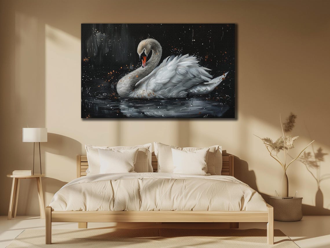 White Swan Dark Water Dramatic Black Background Elegant Art Poster - Image 2