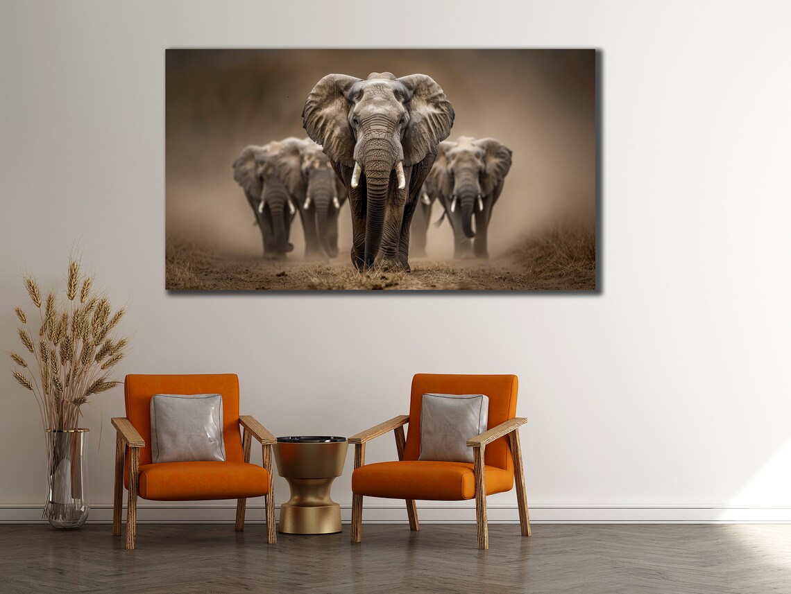 Elephant Herd Walking Dust Sepia Wildlife Photography Art Poster - Image 2