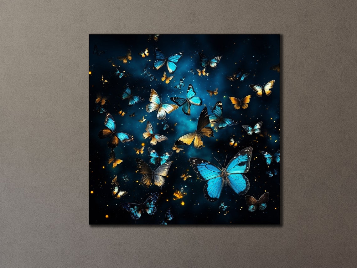 Blue Gold Butterflies Dark Night Glowing Fantasy Insect Wall Art Print