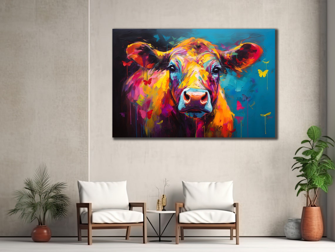 Colorful Cow Printing Cow Wall Decor Abstract Animal Wall Art Painting On Colorful Animal Art Farmhouse For Gifts - Image 3
