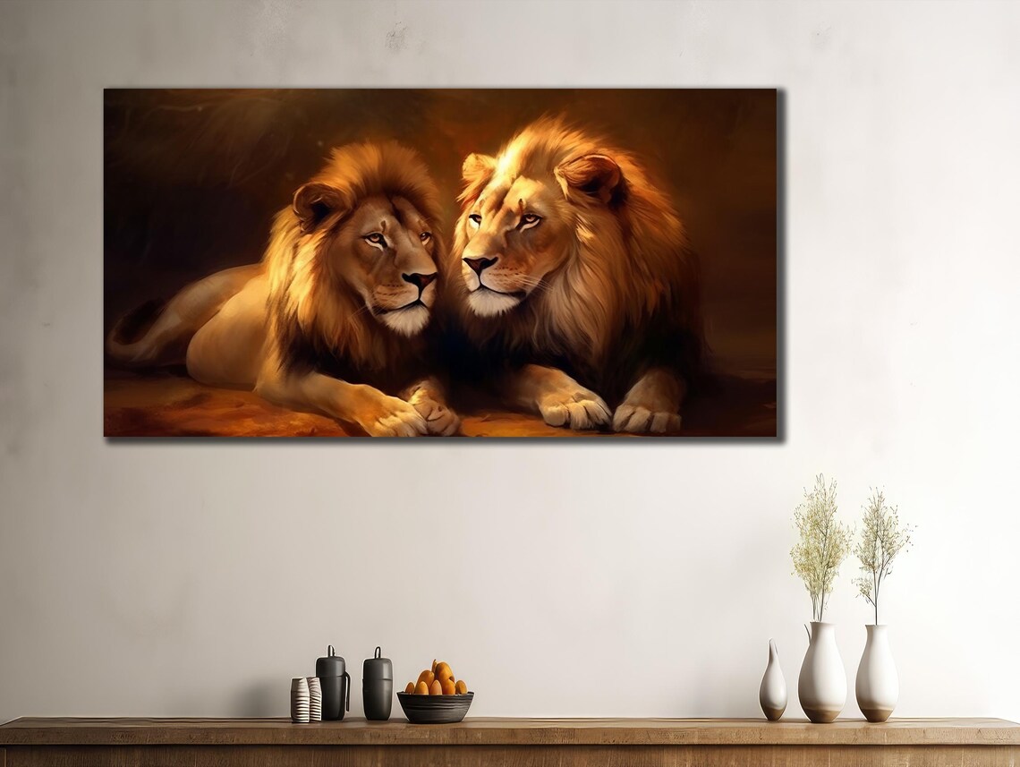 Two Lions Resting Golden Light Brothers Wildlife Wall Art Print - Image 2