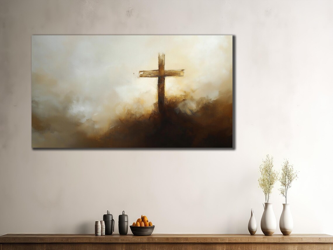 Golden Cross Silhouette Misty Sunrise Spiritual Minimalist Wall Poster - Image 3